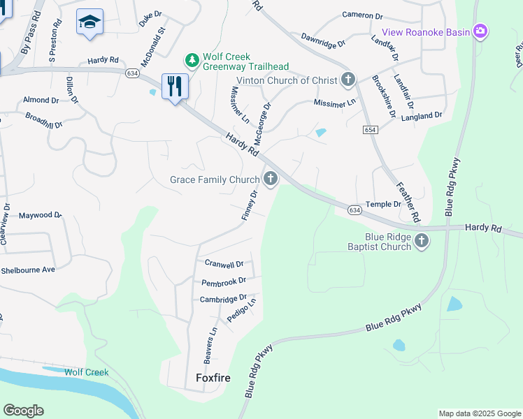 map of restaurants, bars, coffee shops, grocery stores, and more near 1519 Muse Drive in Vinton