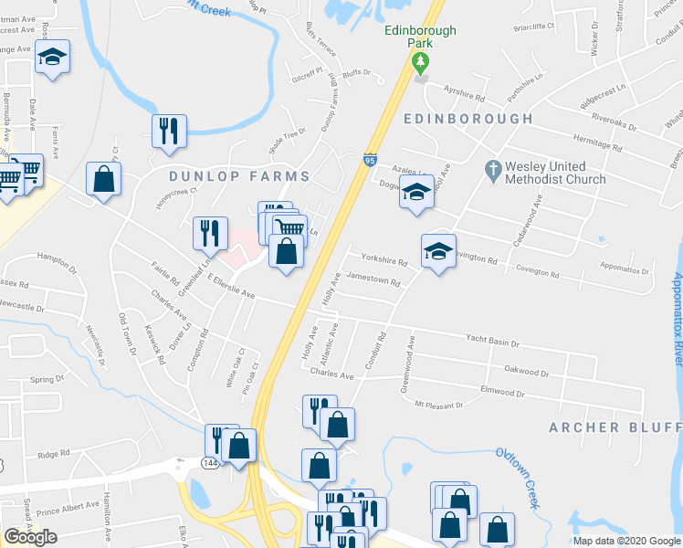 map of restaurants, bars, coffee shops, grocery stores, and more near 901 Jamestown Road in Colonial Heights