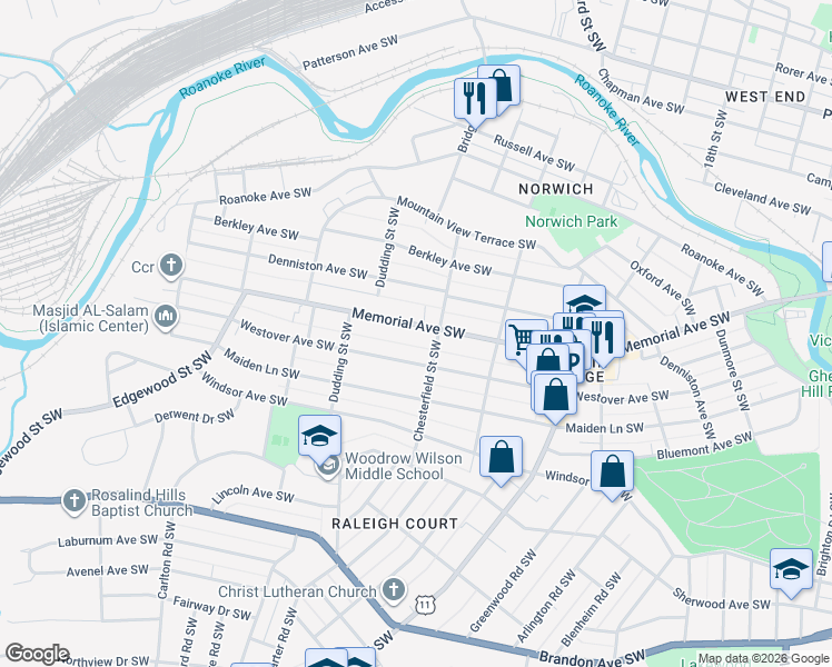 map of restaurants, bars, coffee shops, grocery stores, and more near 2215 Westover Avenue Southwest in Roanoke