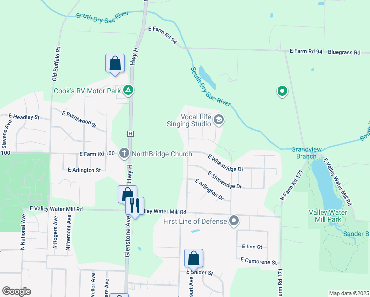 map of restaurants, bars, coffee shops, grocery stores, and more near 1824 East Wheatridge Drive in Springfield