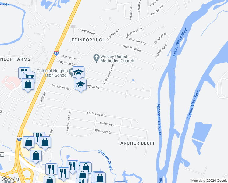 map of restaurants, bars, coffee shops, grocery stores, and more near Covington Road in Colonial Heights