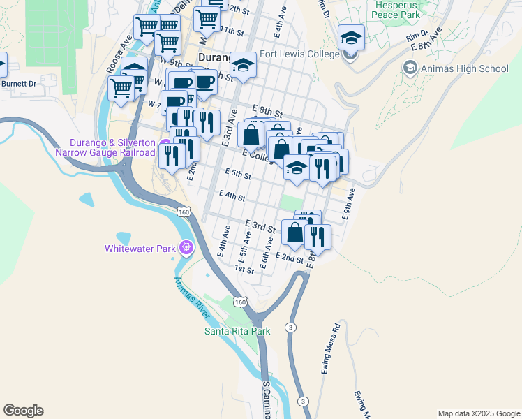 map of restaurants, bars, coffee shops, grocery stores, and more near 511 E 3rd St in Durango