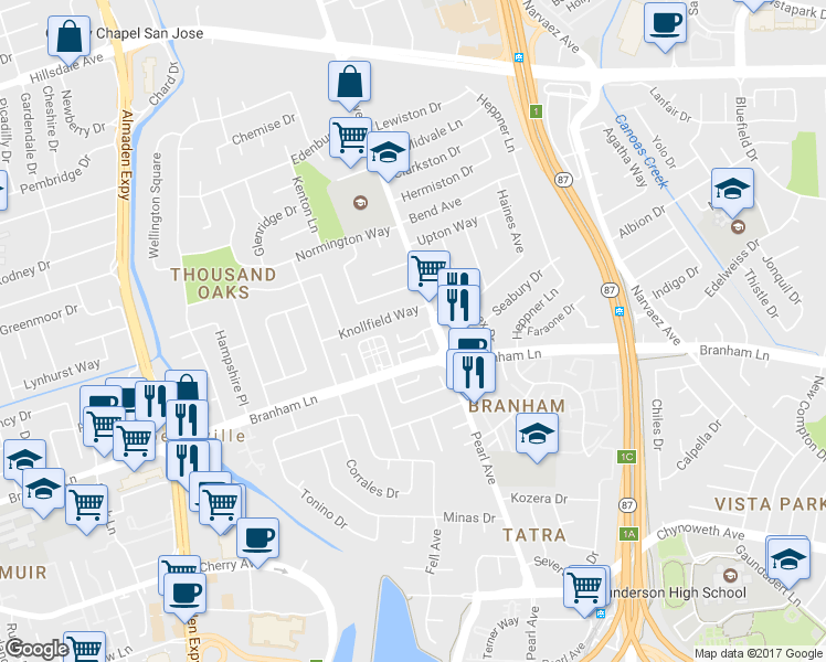 map of restaurants, bars, coffee shops, grocery stores, and more near 872 Canfield Court in San Jose
