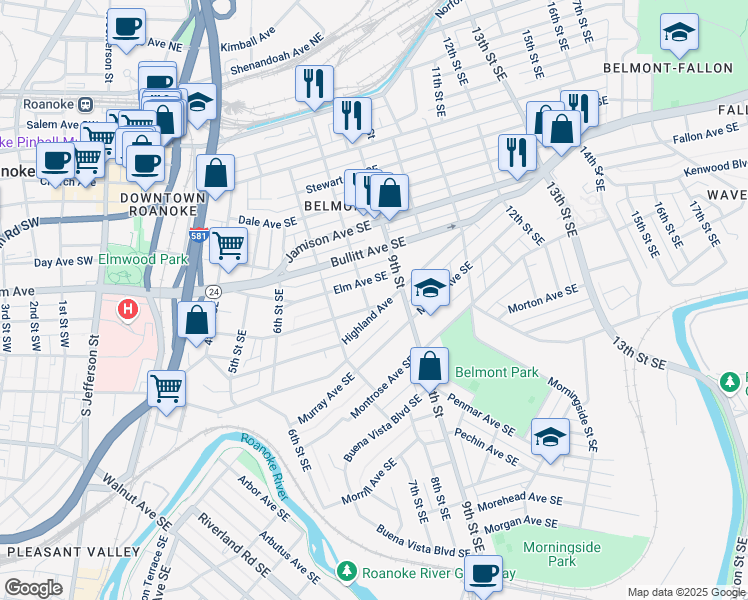 map of restaurants, bars, coffee shops, grocery stores, and more near 902 8th Street Southeast in Roanoke