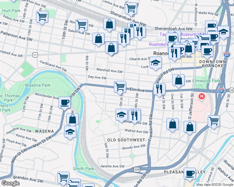 map of restaurants, bars, coffee shops, grocery stores, and more near 518 Mountain Avenue Southwest in Roanoke
