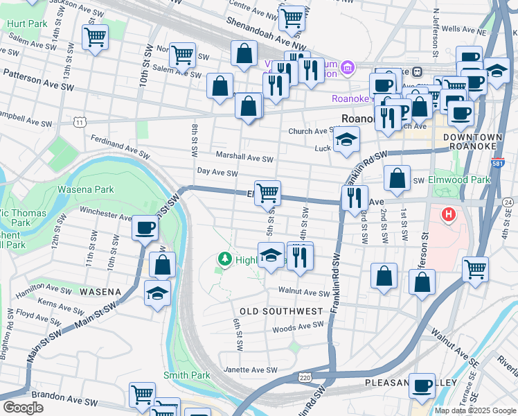 map of restaurants, bars, coffee shops, grocery stores, and more near 518 Mountain Avenue Southwest in Roanoke