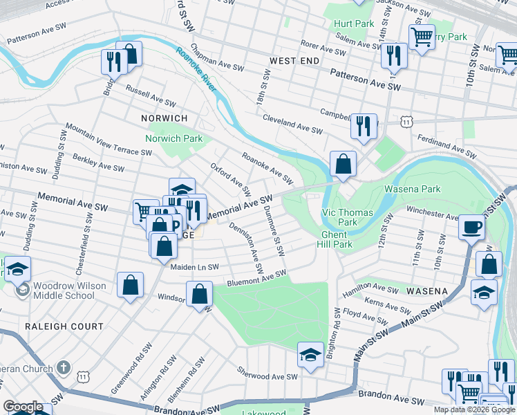 map of restaurants, bars, coffee shops, grocery stores, and more near 1517 Hampton Avenue Southwest in Roanoke