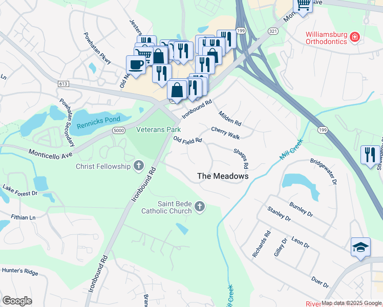 map of restaurants, bars, coffee shops, grocery stores, and more near 109 Old Meadows Road in Williamsburg