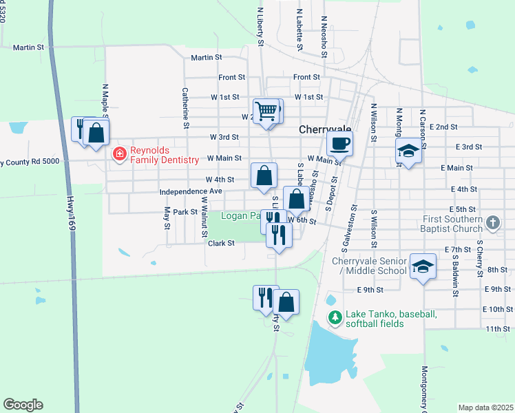 map of restaurants, bars, coffee shops, grocery stores, and more near 420 Park Street in Cherryvale