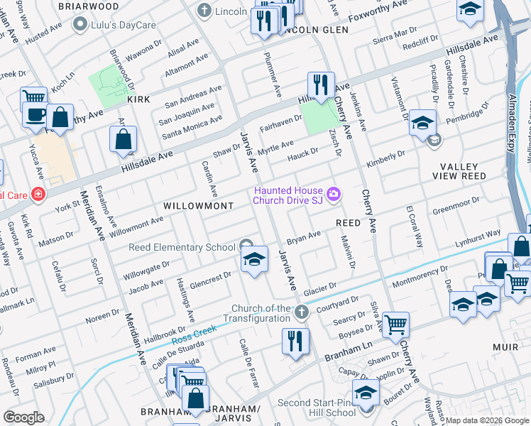 map of restaurants, bars, coffee shops, grocery stores, and more near 3689 Jarvis Avenue in San Jose