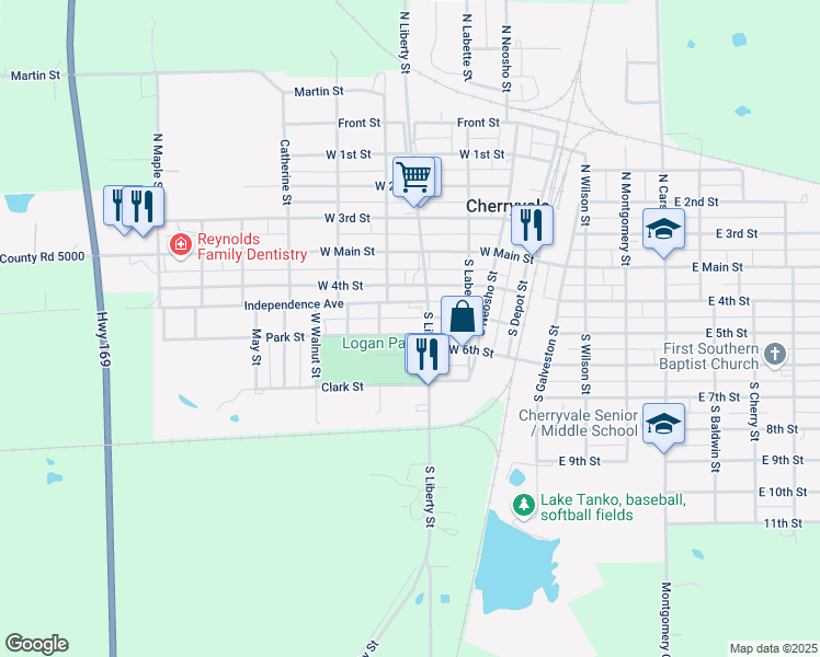 map of restaurants, bars, coffee shops, grocery stores, and more near 420 Park Street in Cherryvale