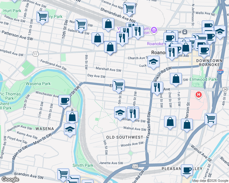 map of restaurants, bars, coffee shops, grocery stores, and more near 518 Mountain Avenue Southwest in Roanoke
