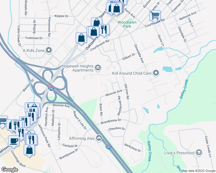 map of restaurants, bars, coffee shops, grocery stores, and more near 5012 Monroe Avenue in Hopewell