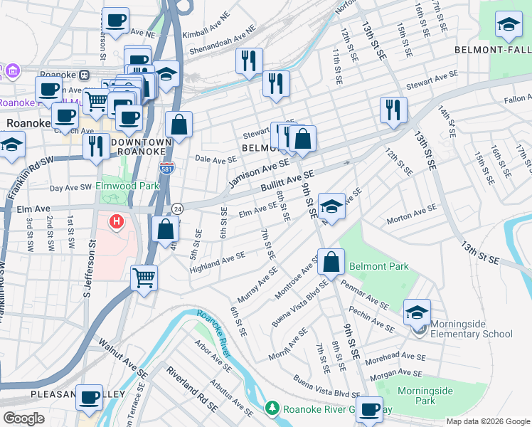 map of restaurants, bars, coffee shops, grocery stores, and more near 702-714 Mountain Avenue Southeast in Roanoke
