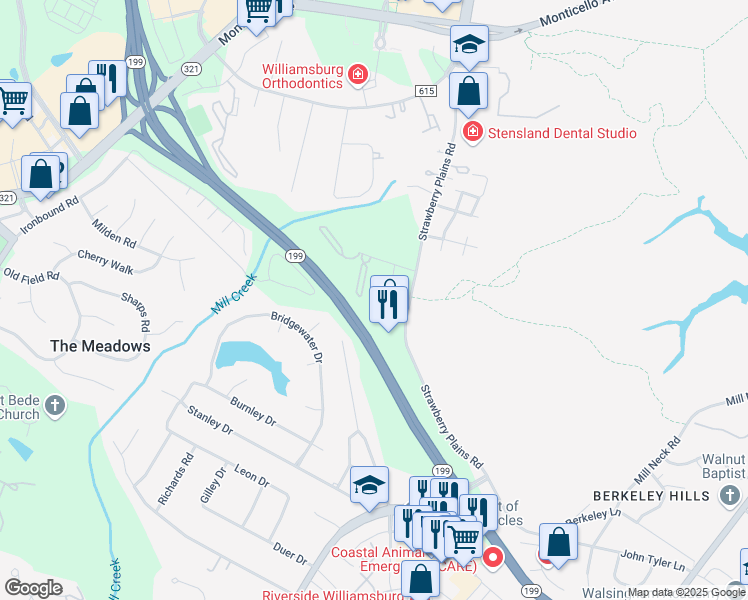 map of restaurants, bars, coffee shops, grocery stores, and more near 3880 Staffordshire Lane in Williamsburg