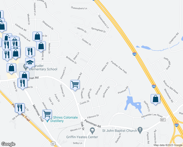 map of restaurants, bars, coffee shops, grocery stores, and more near 514 West Maynor Drive in Williamsburg