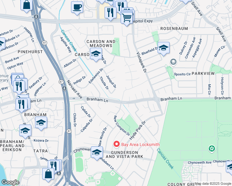 map of restaurants, bars, coffee shops, grocery stores, and more near 4546 Jonquil Drive in San Jose