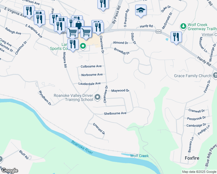 map of restaurants, bars, coffee shops, grocery stores, and more near 1008 Clearview Drive in Vinton