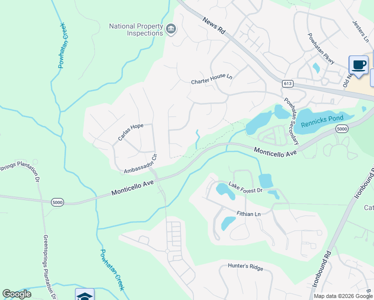 map of restaurants, bars, coffee shops, grocery stores, and more near 4100-4198 Monticello Avenue in Williamsburg