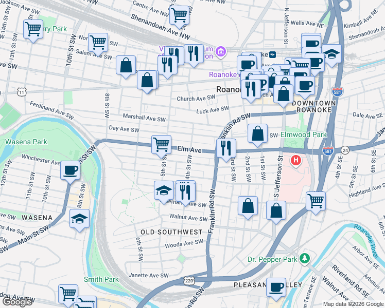 map of restaurants, bars, coffee shops, grocery stores, and more near 378 Elm Avenue in Roanoke