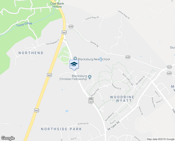 map of restaurants, bars, coffee shops, grocery stores, and more near 203 Maywood Street in Blacksburg