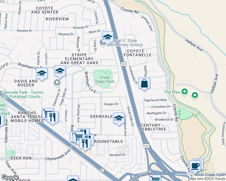 map of restaurants, bars, coffee shops, grocery stores, and more near 391 Grey Ghost Avenue in San Jose