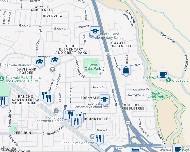 map of restaurants, bars, coffee shops, grocery stores, and more near 391 Grey Ghost Avenue in San Jose