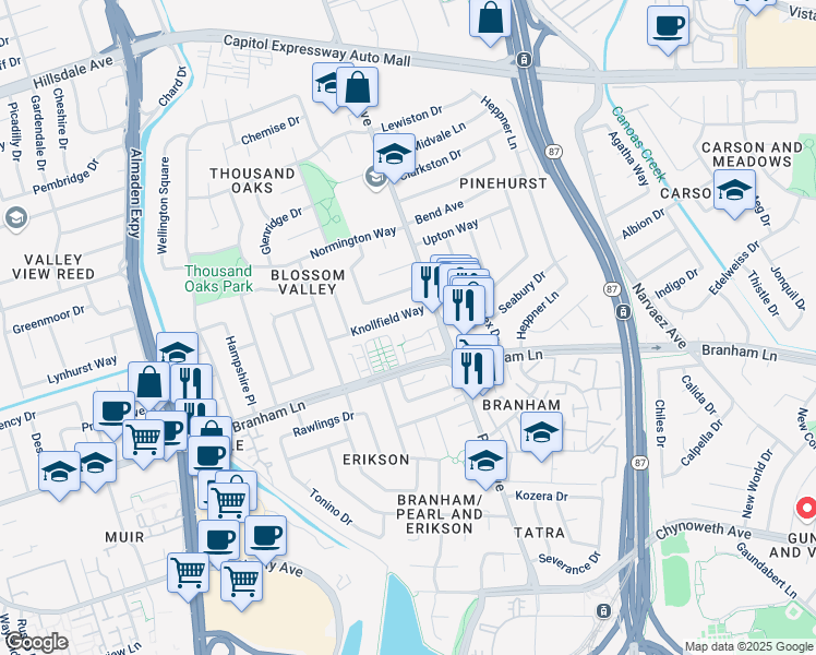 map of restaurants, bars, coffee shops, grocery stores, and more near 872 Canfield Court in San Jose
