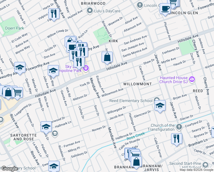 map of restaurants, bars, coffee shops, grocery stores, and more near 1593 Willowmont Avenue in San Jose