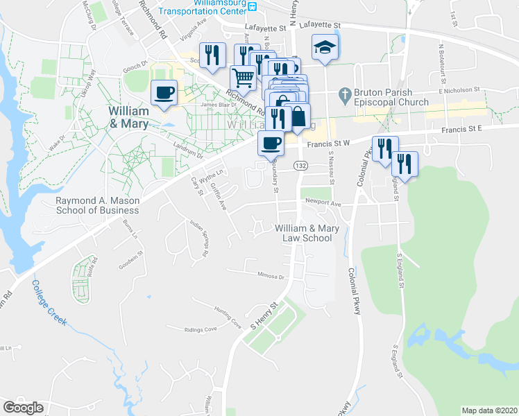 map of restaurants, bars, coffee shops, grocery stores, and more near 644 Counselors Way in Williamsburg
