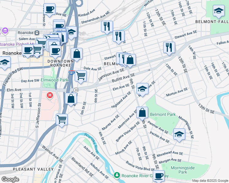 map of restaurants, bars, coffee shops, grocery stores, and more near 702-714 Mountain Avenue Southeast in Roanoke