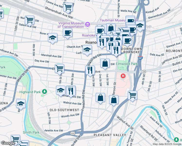 map of restaurants, bars, coffee shops, grocery stores, and more near 305 Mountain Avenue Southwest in Roanoke