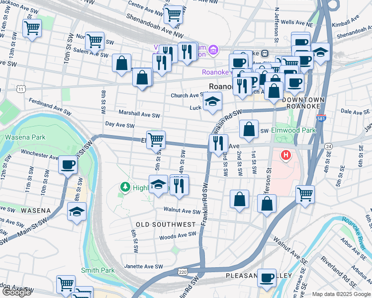 map of restaurants, bars, coffee shops, grocery stores, and more near 380 Mountain Avenue Southwest in Roanoke
