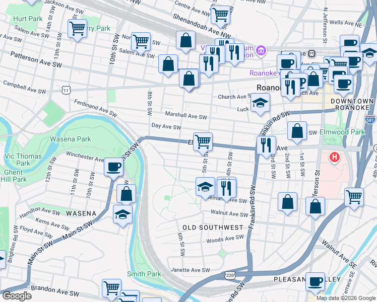 map of restaurants, bars, coffee shops, grocery stores, and more near 518 Mountain Avenue Southwest in Roanoke