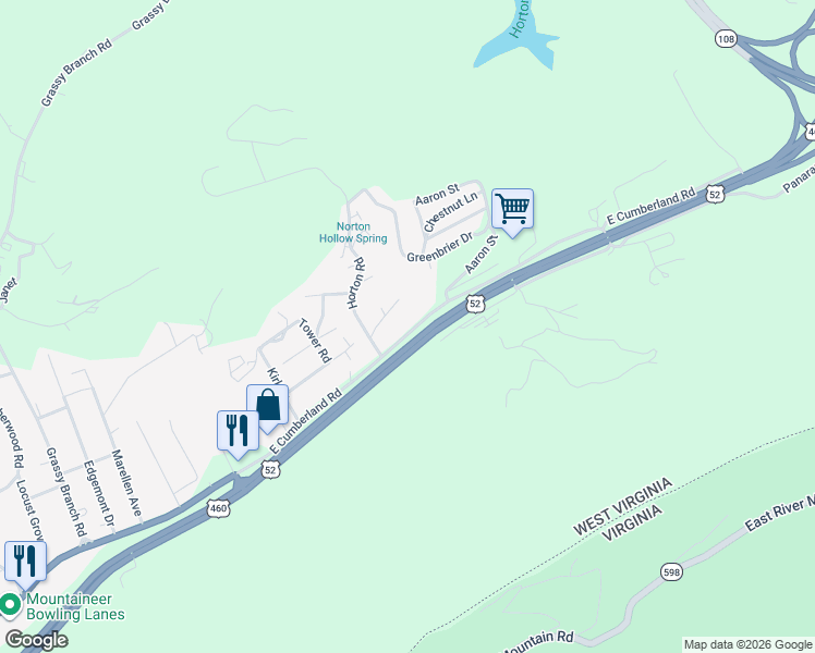 map of restaurants, bars, coffee shops, grocery stores, and more near 4400-4486 East Cumberland Road in Bluefield