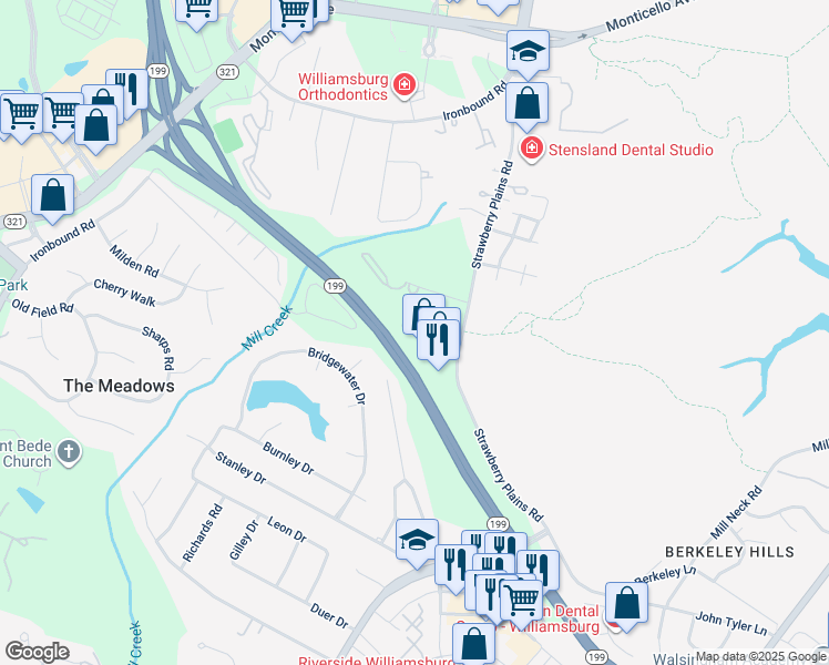 map of restaurants, bars, coffee shops, grocery stores, and more near 3890 Staffordshire Lane in Williamsburg