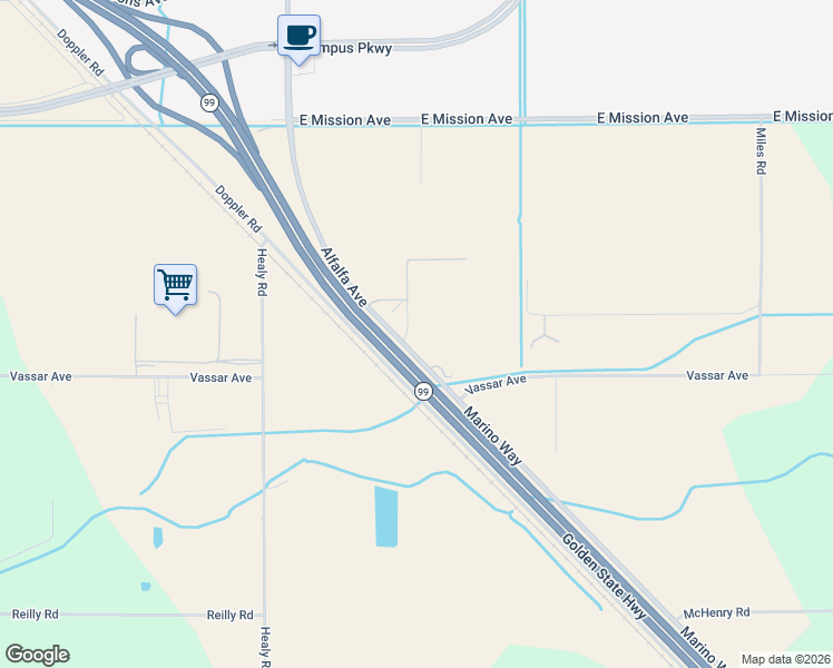 map of restaurants, bars, coffee shops, grocery stores, and more near 1386 Yale Avenue in Merced