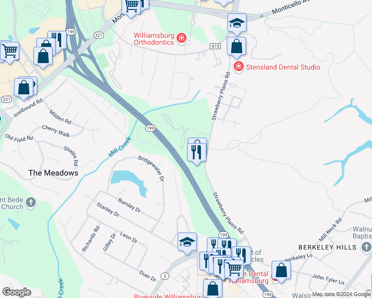 map of restaurants, bars, coffee shops, grocery stores, and more near 3890 Staffordshire Lane in Williamsburg