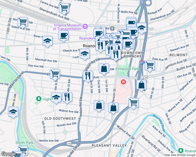 map of restaurants, bars, coffee shops, grocery stores, and more near 202 Elm Avenue in Roanoke