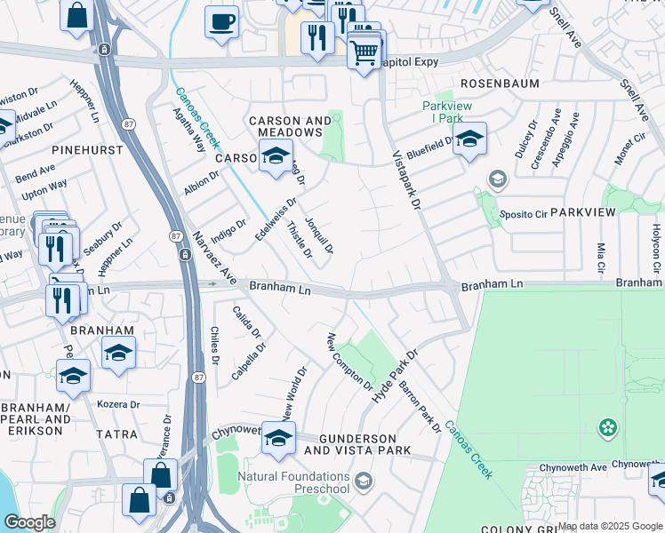 map of restaurants, bars, coffee shops, grocery stores, and more near 4546 Jonquil Drive in San Jose