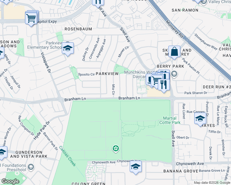 map of restaurants, bars, coffee shops, grocery stores, and more near 4615 Mia Circle in San Jose