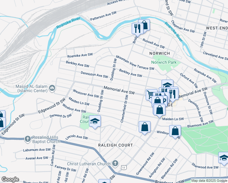 map of restaurants, bars, coffee shops, grocery stores, and more near 2240 Memorial Avenue Southwest in Roanoke