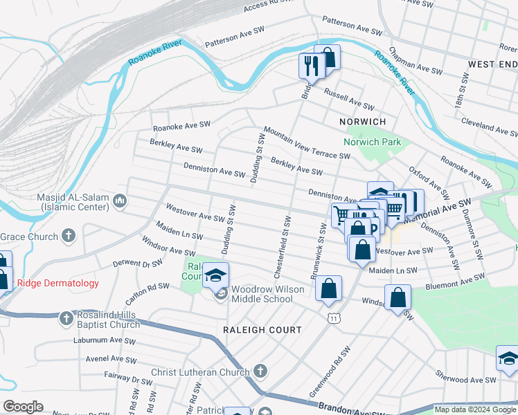 map of restaurants, bars, coffee shops, grocery stores, and more near 2240 Memorial Avenue Southwest in Roanoke