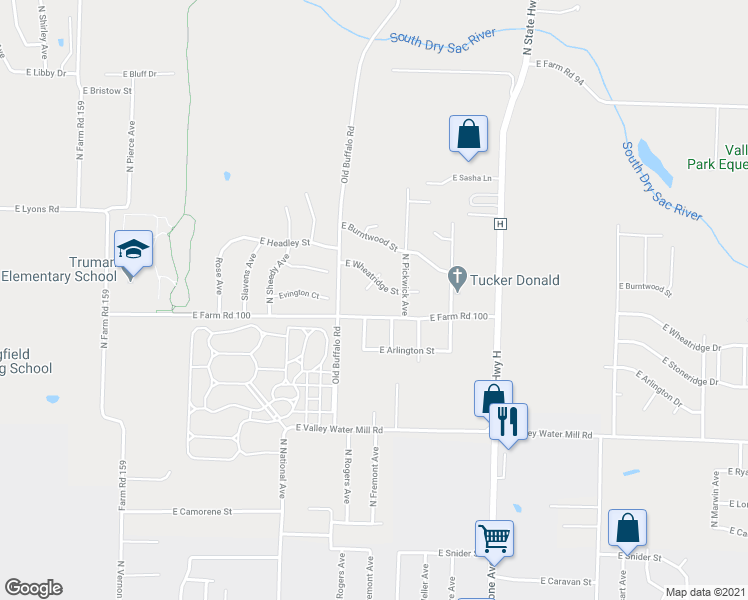 map of restaurants, bars, coffee shops, grocery stores, and more near 3824 Kenna Court in Springfield