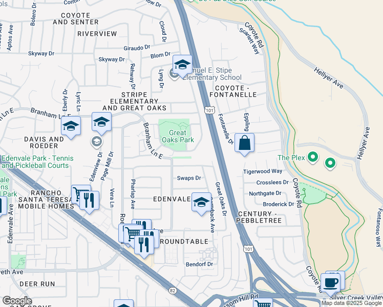 map of restaurants, bars, coffee shops, grocery stores, and more near 391 Grey Ghost Avenue in San Jose