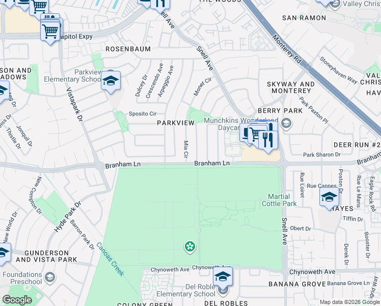 map of restaurants, bars, coffee shops, grocery stores, and more near 4615 Mia Circle in San Jose