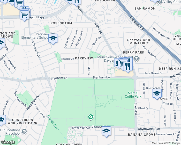 map of restaurants, bars, coffee shops, grocery stores, and more near 4615 Mia Circle in San Jose