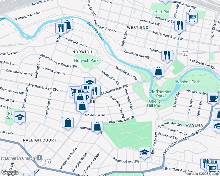 map of restaurants, bars, coffee shops, grocery stores, and more near 1815-1899 Denniston Ave SW in Roanoke