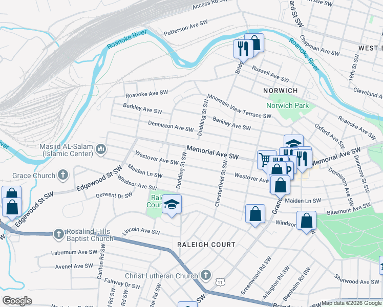 map of restaurants, bars, coffee shops, grocery stores, and more near 2251 Westover Avenue Southwest in Roanoke