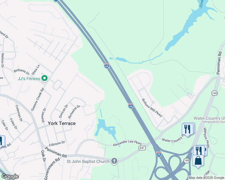map of restaurants, bars, coffee shops, grocery stores, and more near 464D Queens Creek Road in Williamsburg